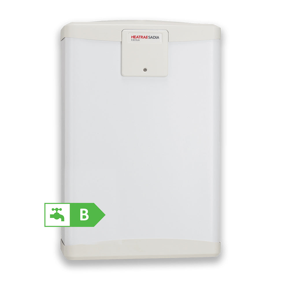 White Heatrae Sadia Electric R Plus Vented Water Heater with 25 litre capacity and 3kW rating on white background